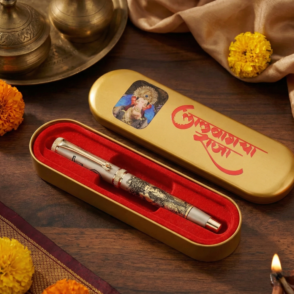 Picasso Parri Lalbaug Cha Raja Etched Roller Pen | Golden Devotional G